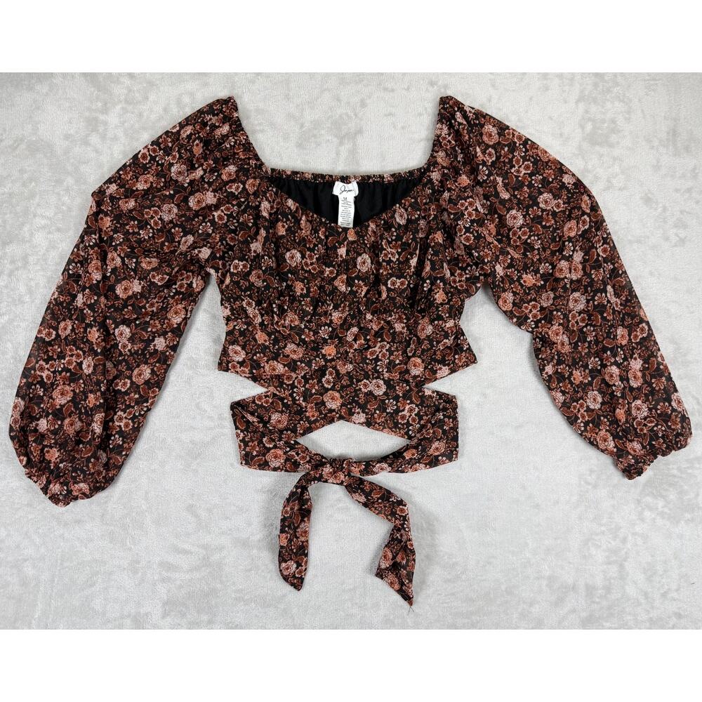 Japna Floral Crop Top M Puff Sleeve Wrap Tie Cottagecore Boho Peasant Blouse